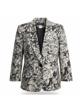 Norton McNaughton Womens Black/White Wool Blend Floral Print Blazer Jacket Sz 4